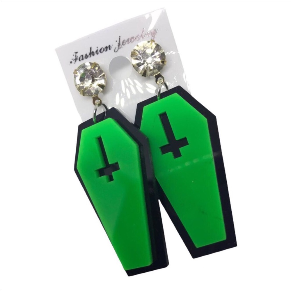 Neon green coffin earrings with rhinestone studs goth gothic new